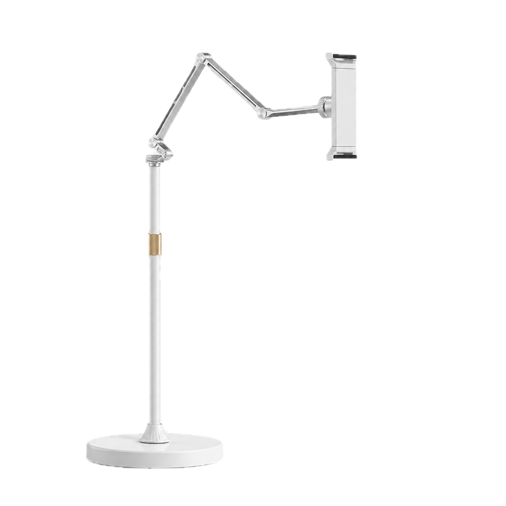 Aluminium floor stand with articulated arm extended and universal holder empty