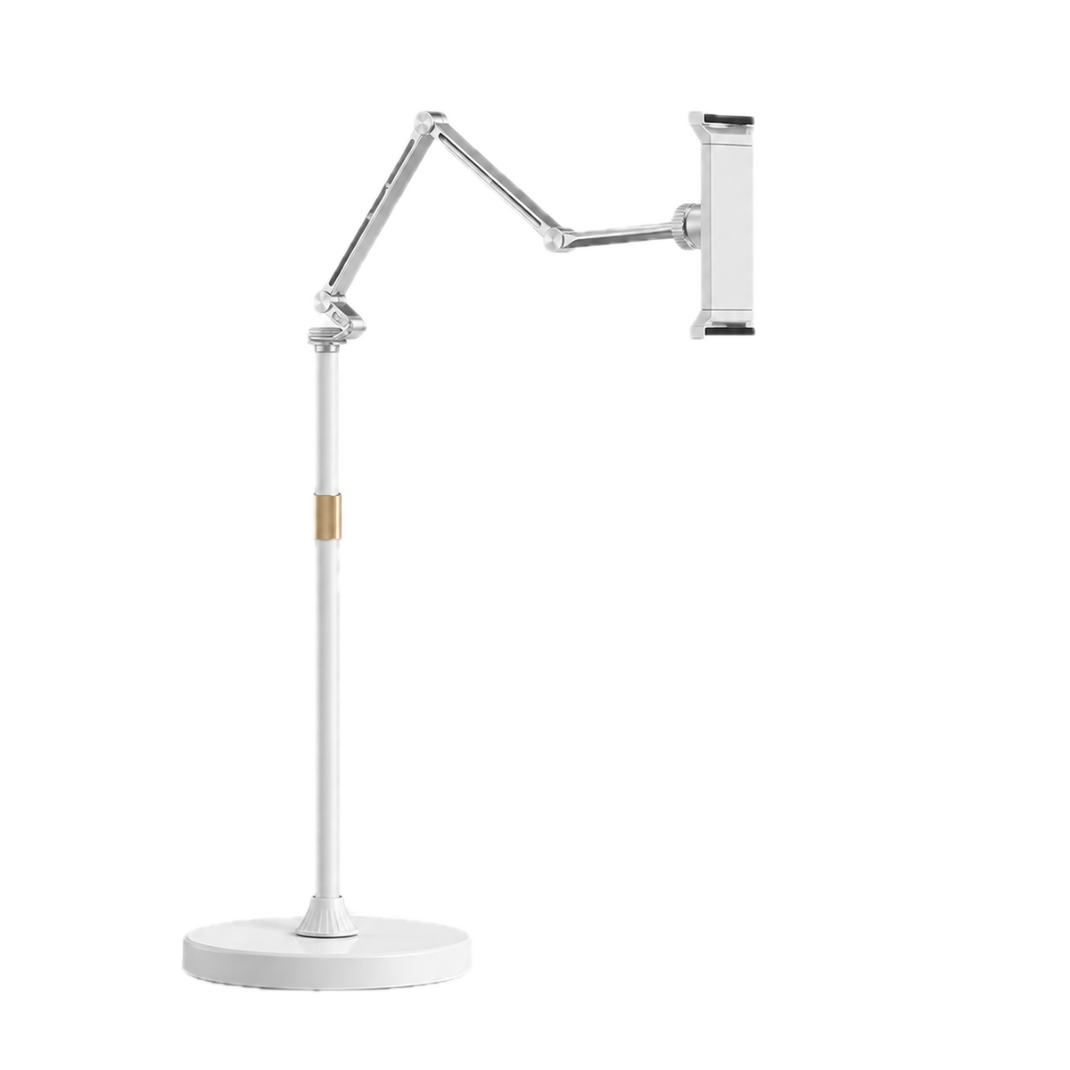 Aluminium floor stand with articulated arm extended and universal holder empty