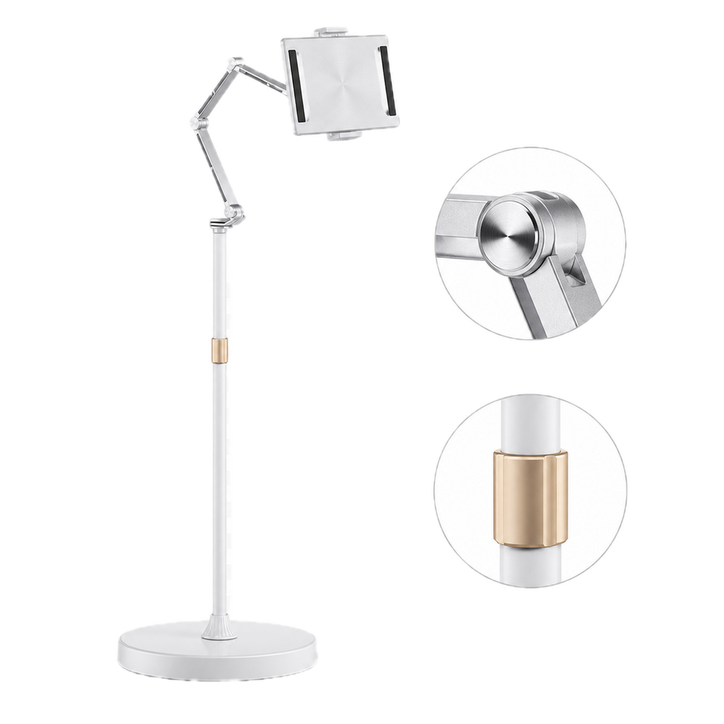 Floor stand showing lockable aluminium hinge and telescopic height collar details