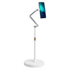 Adjustable floor stand holding a smartphone in portrait orientation