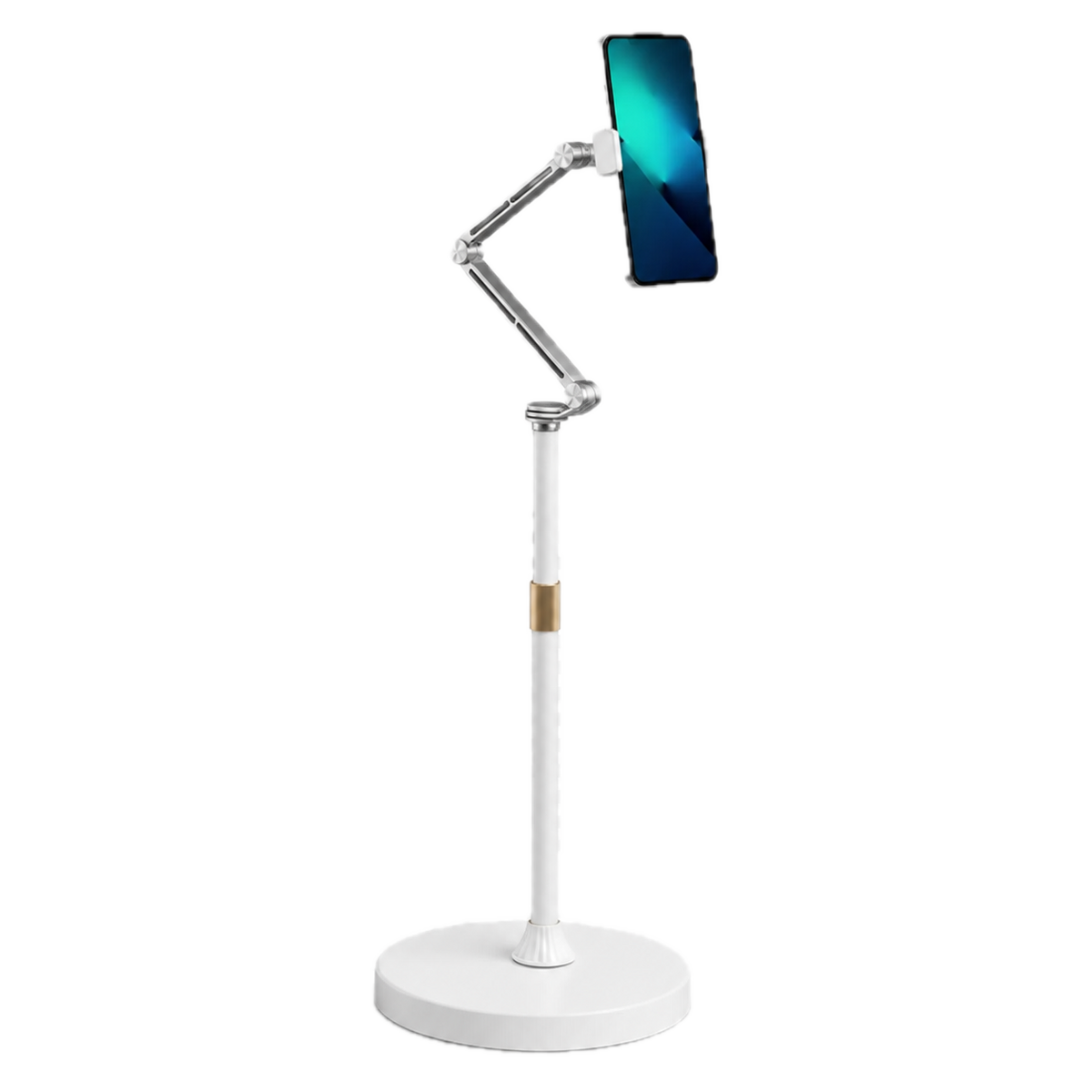 Adjustable floor stand holding a smartphone in portrait orientation