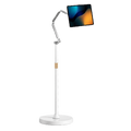 360 degree rotating adjustable floor stand holding a tablet in landscape orientation