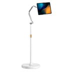 360 degree rotating adjustable floor stand holding a tablet in landscape orientation