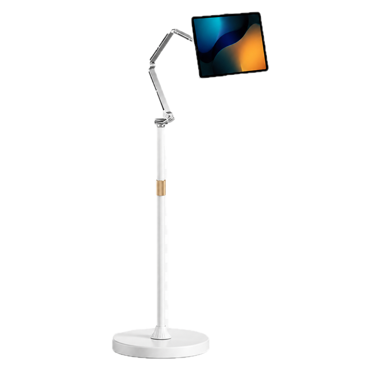 360 degree rotating adjustable floor stand holding a tablet in landscape orientation