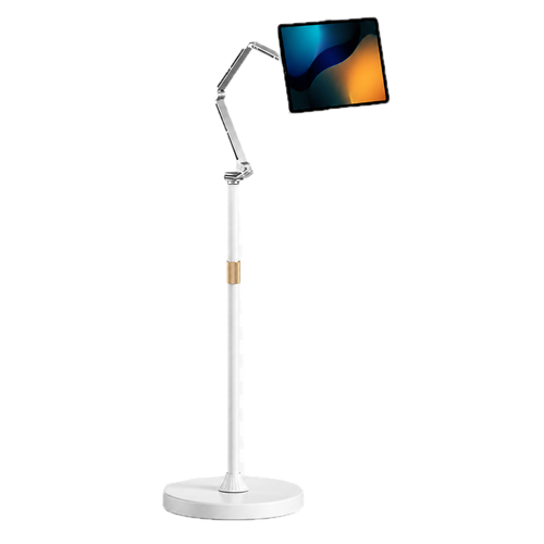 360 degree rotating adjustable floor stand holding a tablet in landscape orientation