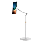 Adjustable floor stand holding a tablet in portrait orientation