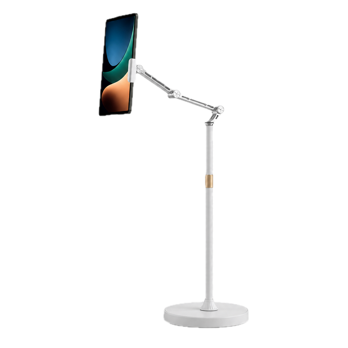 Adjustable floor stand holding a tablet in portrait orientation