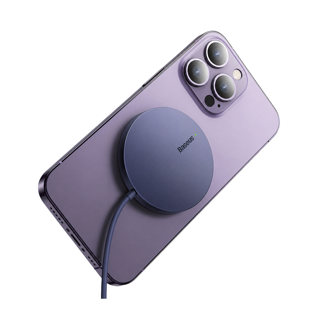 Baseus Simple Mini3 Black magnetic wireless charger attached to a phone