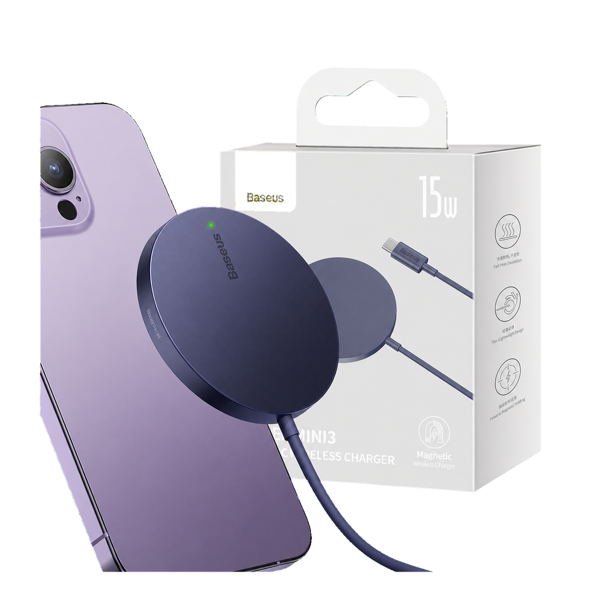 Baseus Simple Mini3 Black magnetic wireless charger with phone and packaging