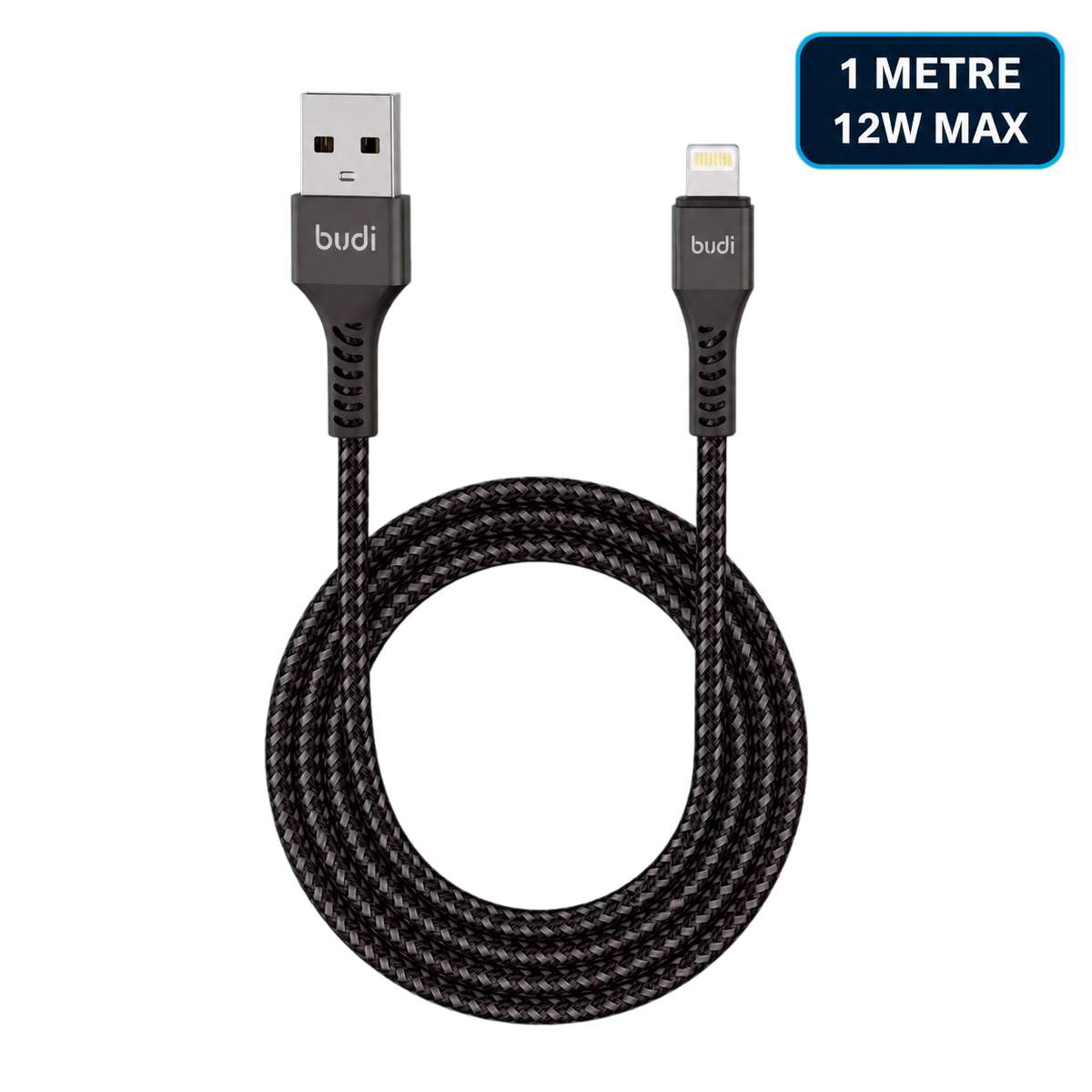 Budi 1 metre USB-A to Lightning 12W black braided cable