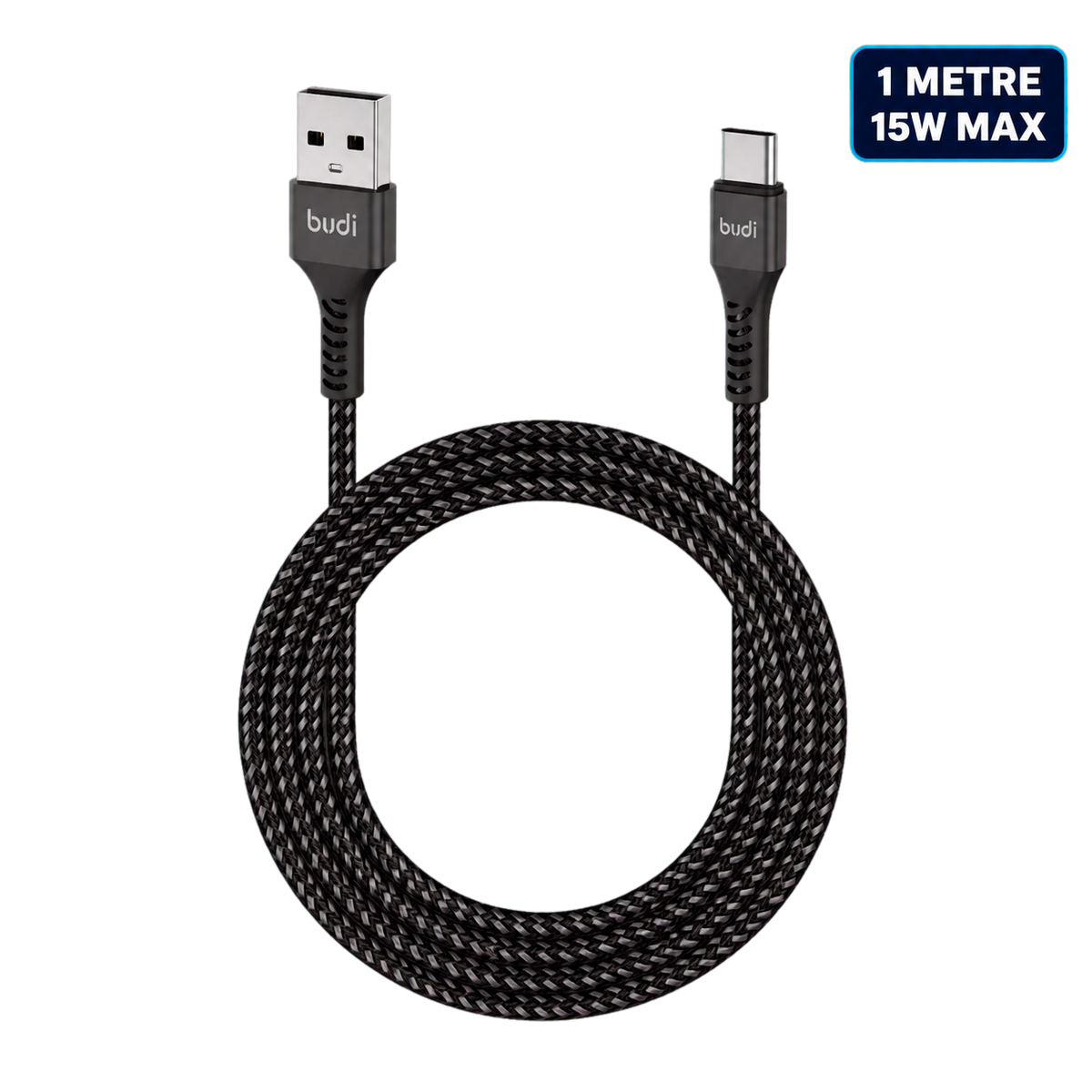Budi 1 metre USB-A to USB-C 15W black braided cable
