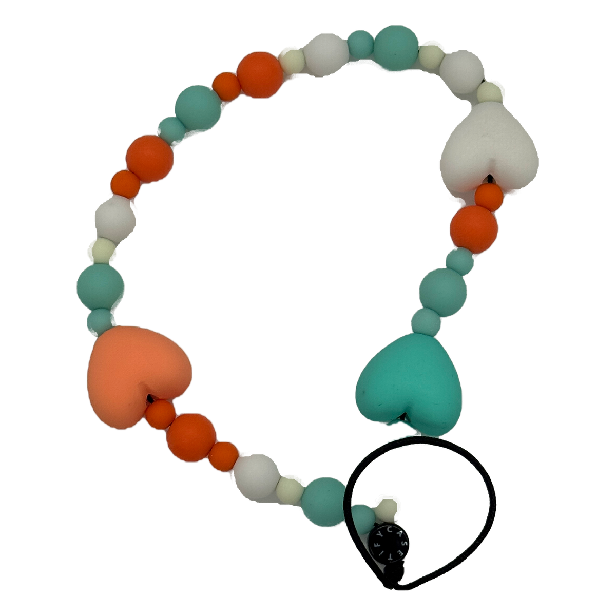 Coral mint and white heart beaded phone strap with black loop