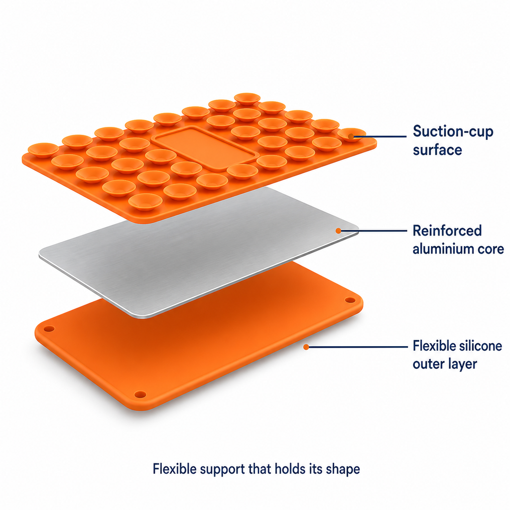 FlexMate suction phone stand showing suction surface, aluminium core and silicone outer layer