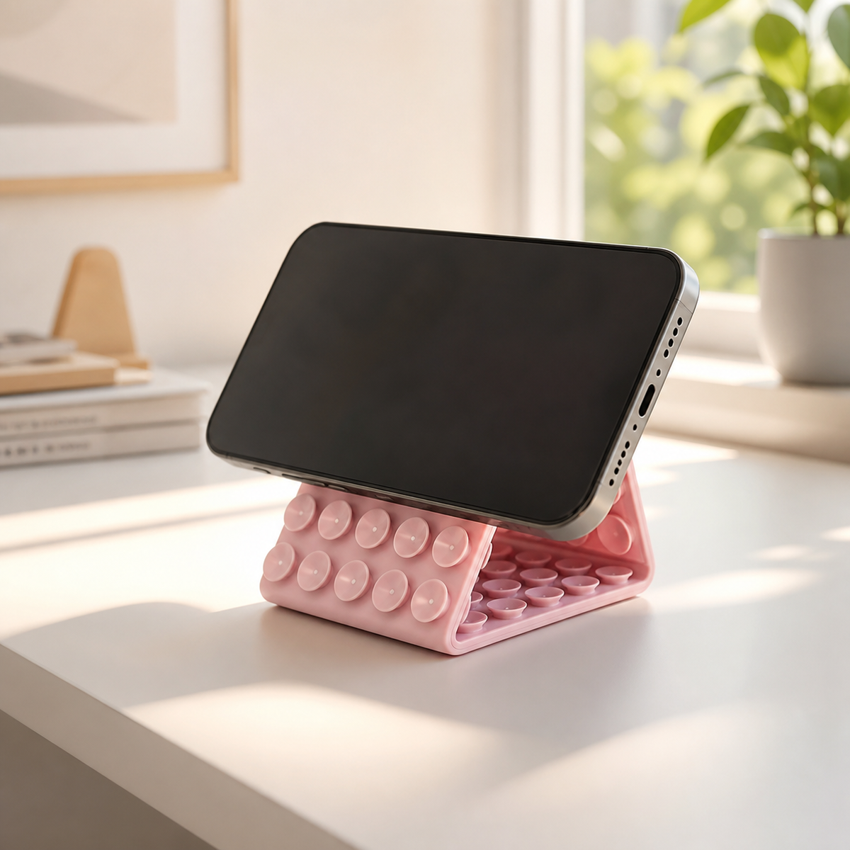 FlexMate suction phone stand supporting a phone for hands-free viewing