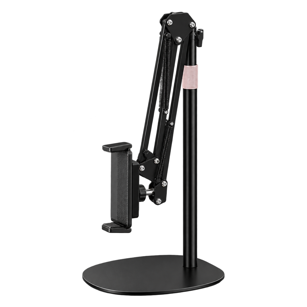 Foldable tablet and phone floor stand shown in its compact folded configuration