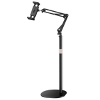 Black foldable floor stand with an extended spring arm and expandable device holder