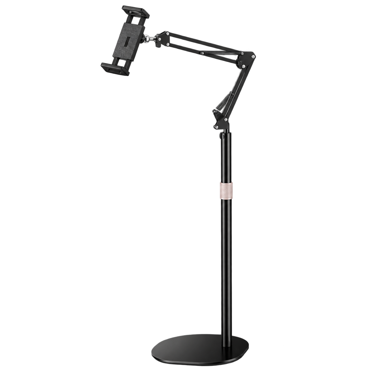 Black foldable floor stand with an extended spring arm and expandable device holder
