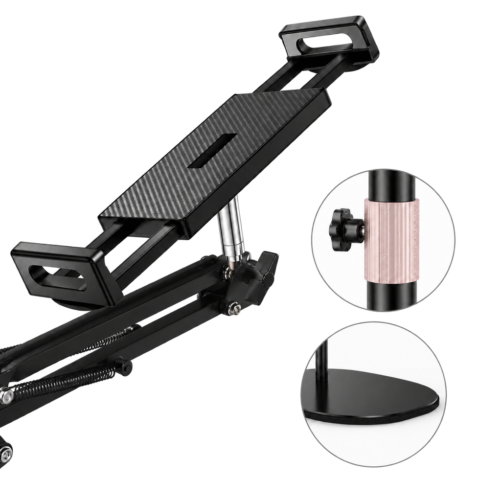 Detail of the padded tablet cradle, height adjustment collar and non-slip floor base