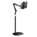 Height-adjustable foldable tablet and phone floor stand holding a tablet in landscape orientation