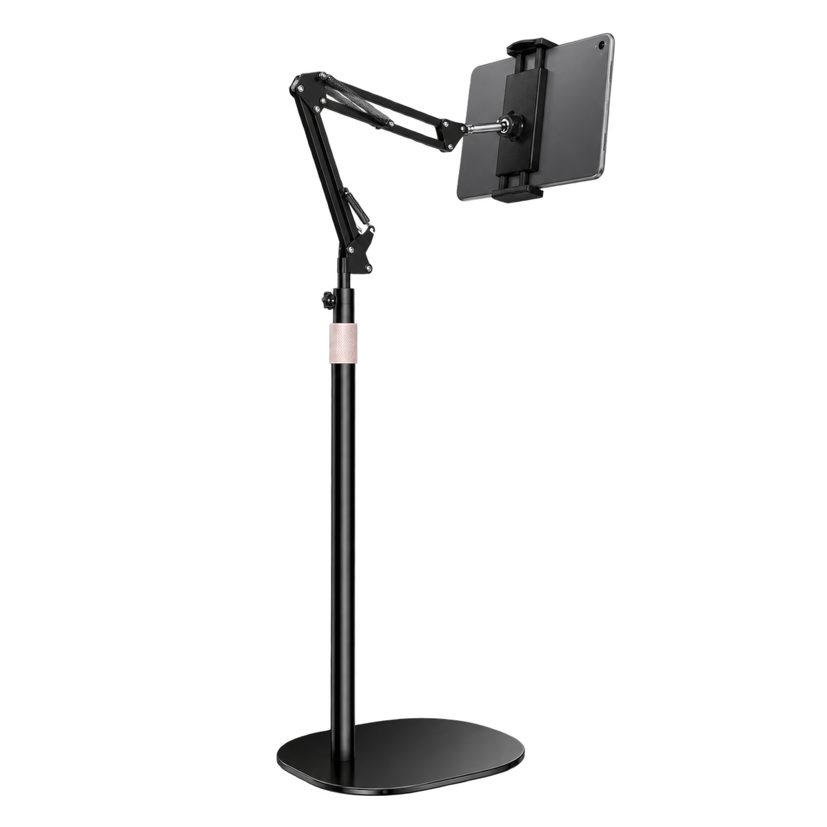 Height-adjustable foldable tablet and phone floor stand holding a tablet in landscape orientation