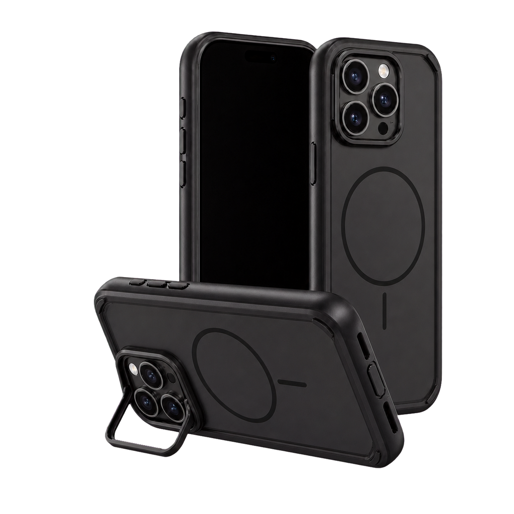 Black Fortress Case for iPhone 16 Pro Max — kickstand product view