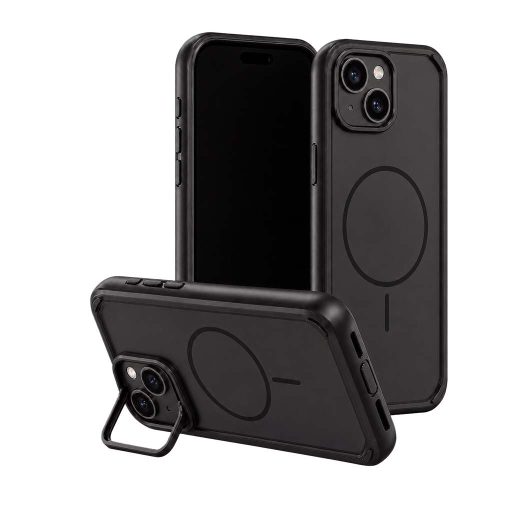 Black Fortress Case for iPhone 15 Plus — kickstand product view