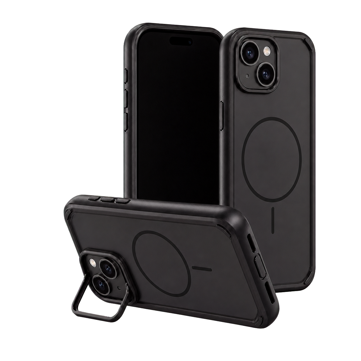 Black Fortress Case for iPhone 15 Plus — kickstand product view