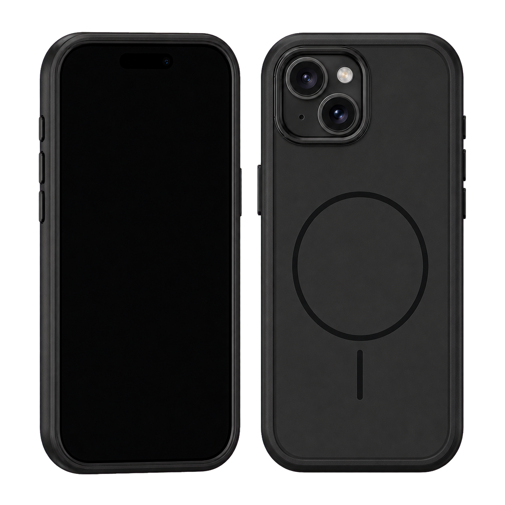Black Fortress Case for iPhone 15 Plus — front and rear views