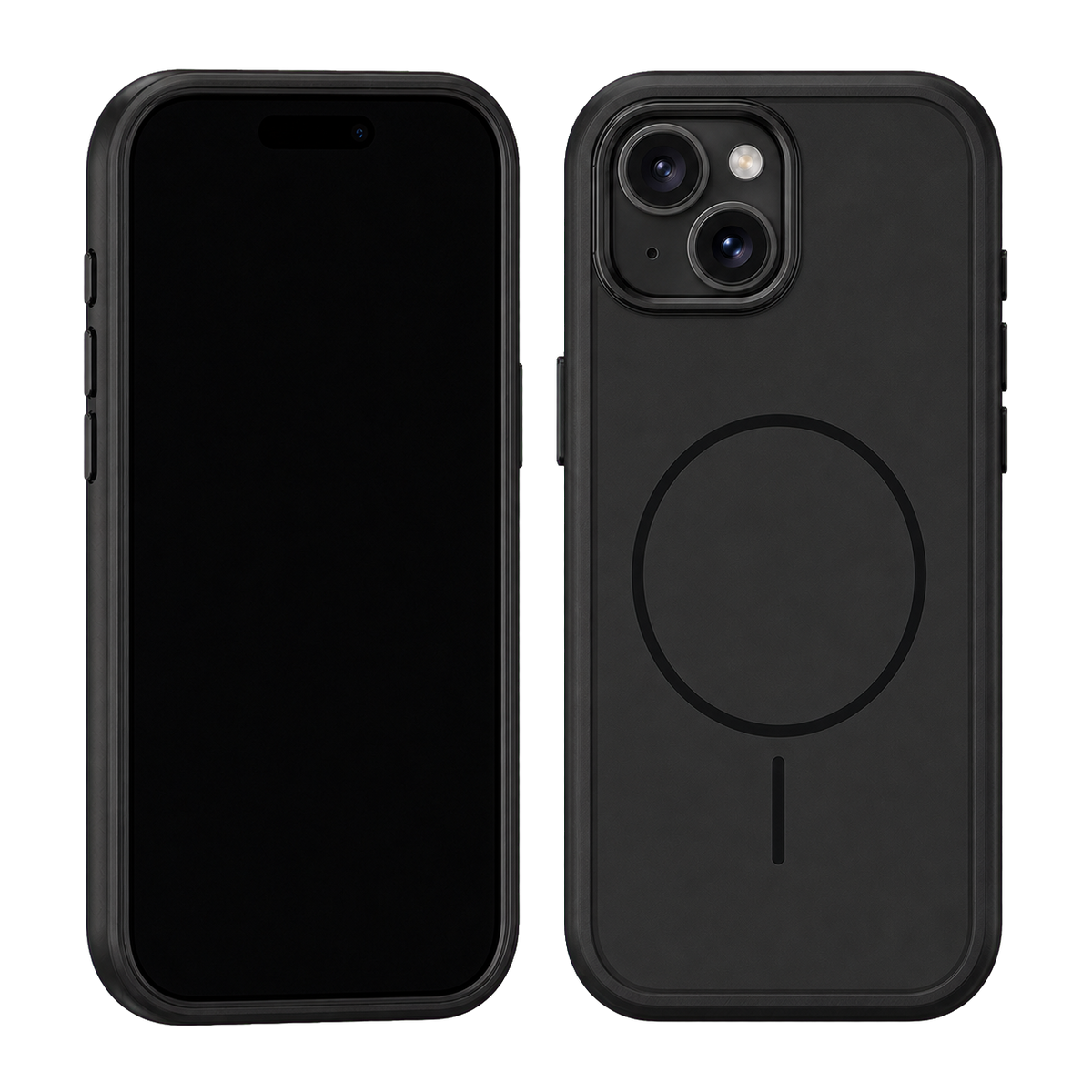 Black Fortress Case for iPhone 15 Plus — front and rear views