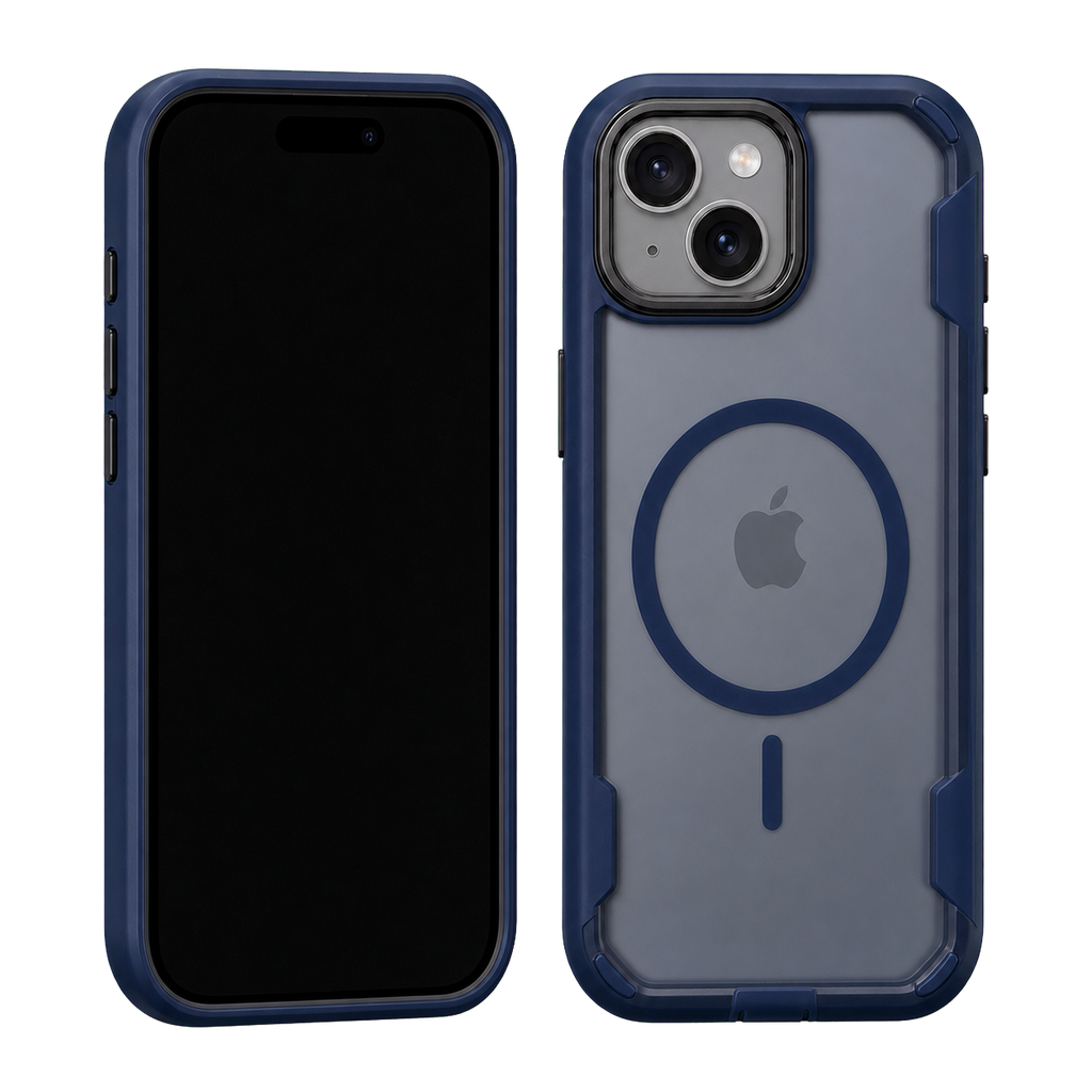 Blue Fortress Case for iPhone 15 Plus — front and rear views