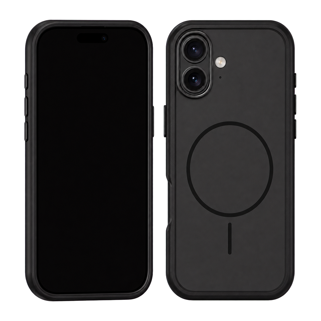 Black Fortress Case for iPhone 17 — front and rear views