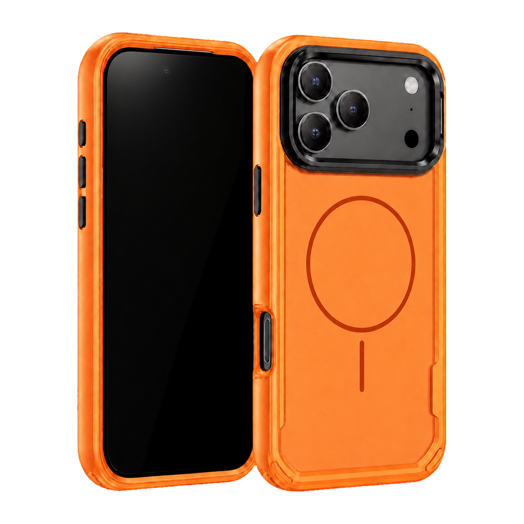 Orange Fortress Case for iPhone 17 Pro Max — front and rear views