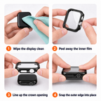 Four-step installation guide for the Apple Watch hard case with integrated tempered glass