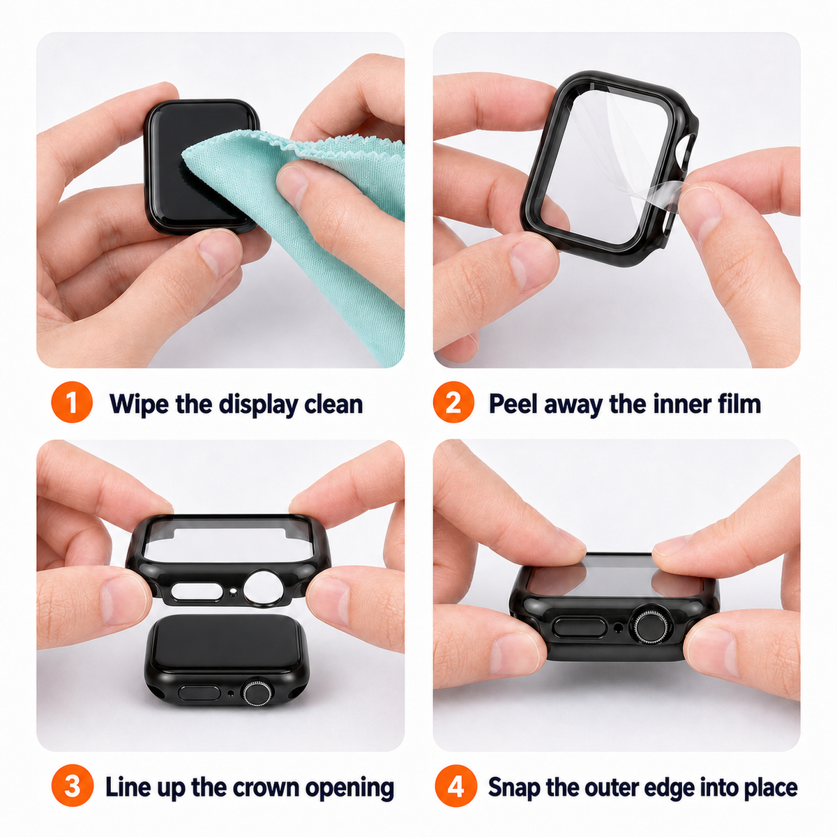Four-step installation guide for the Apple Watch hard case with integrated tempered glass