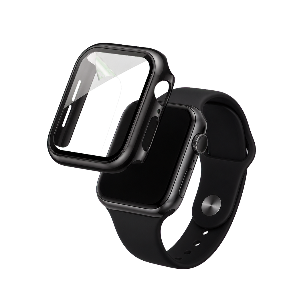 Black Apple Watch hard case showing the integrated tempered-glass construction