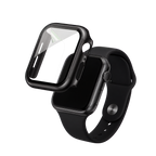 Black Apple Watch hard case showing the integrated tempered-glass construction