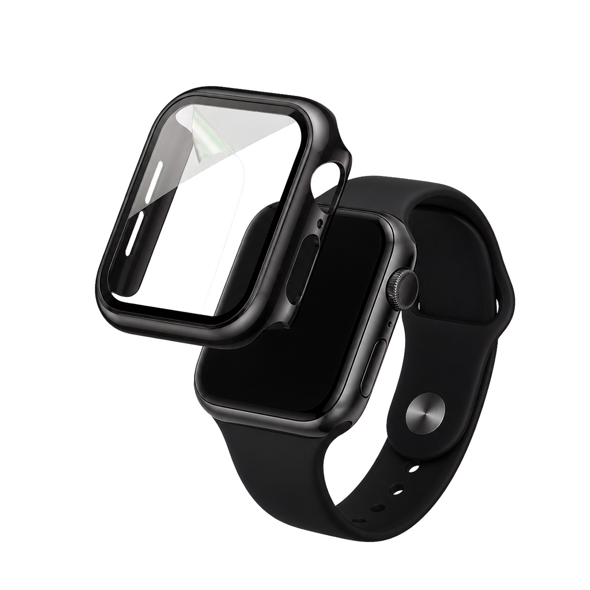 Black Apple Watch hard case showing the integrated tempered-glass construction