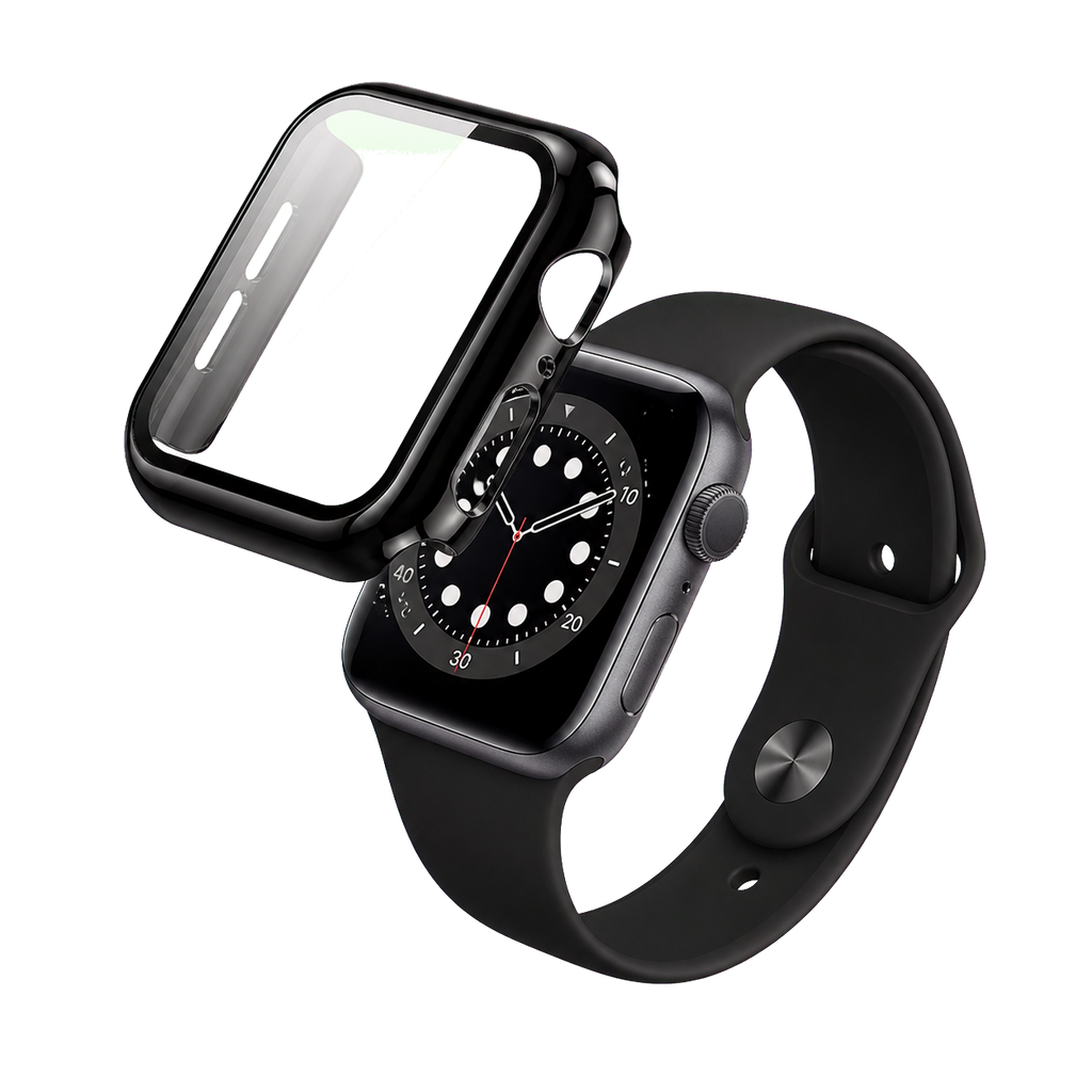 Black Apple Watch hard case aligned for snap-on installation