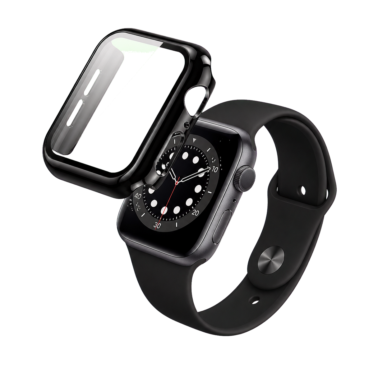 Black Apple Watch hard case aligned for snap-on installation
