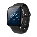 Black Apple Watch case showing clear integrated tempered-glass protection