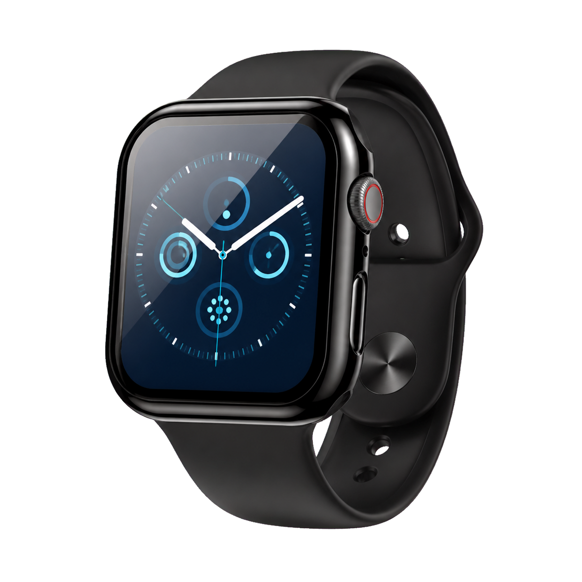 Black Apple Watch case showing clear integrated tempered-glass protection