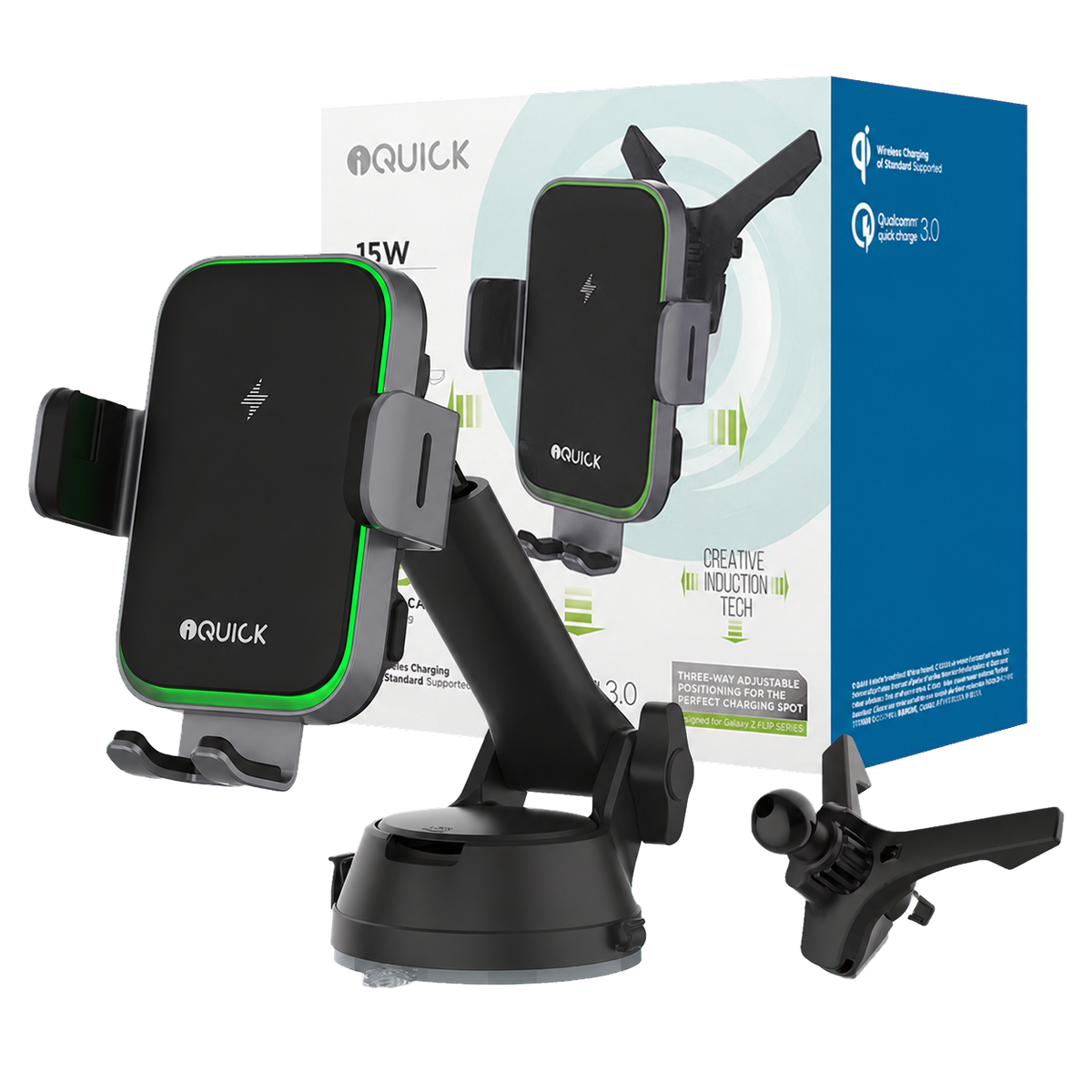 iQuick RX3 15W wireless charging car mount with suction and vent mounts