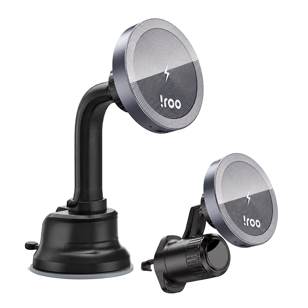 iRoo RW3 15W wireless charging car phone mount with windscreen and air vent fittings