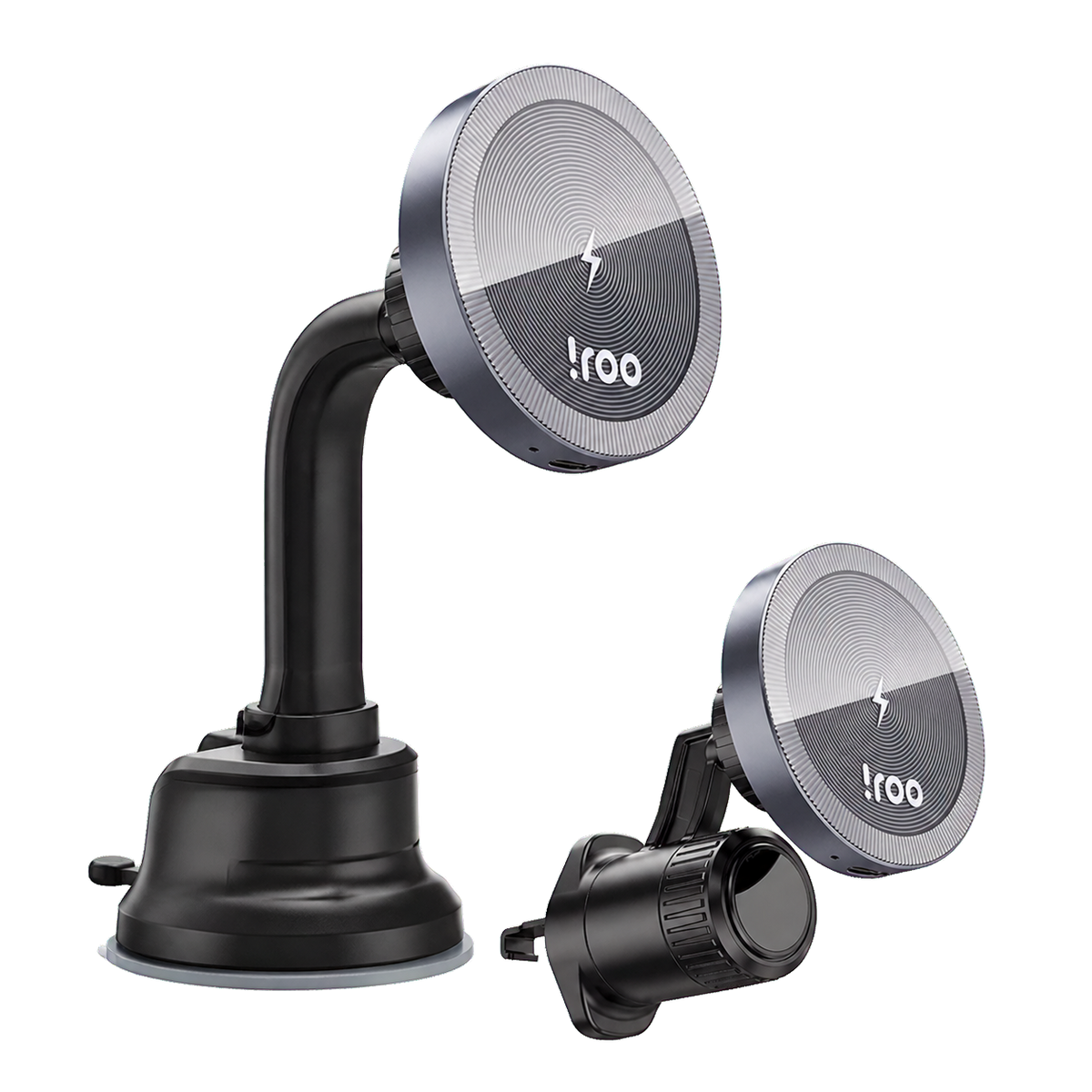 iRoo RW3 15W wireless charging car phone mount with windscreen and air vent fittings