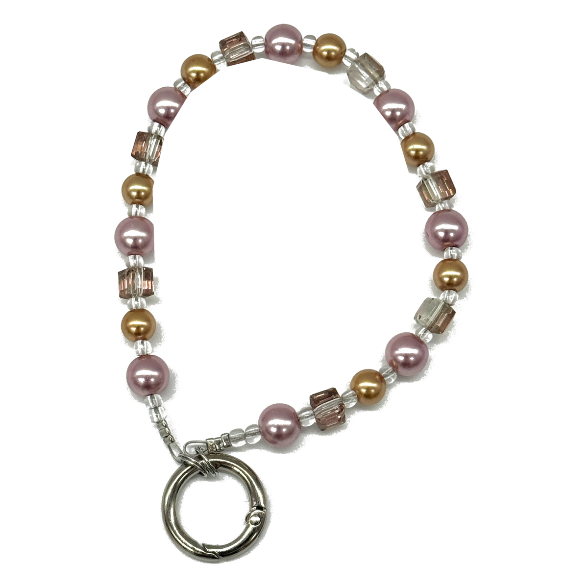 Pearl and champagne crystal beaded phone strap with metal ring
